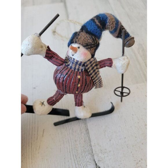 Rustic snowman skier skiing ornament Xmas hat bell - Picture 3 of 8